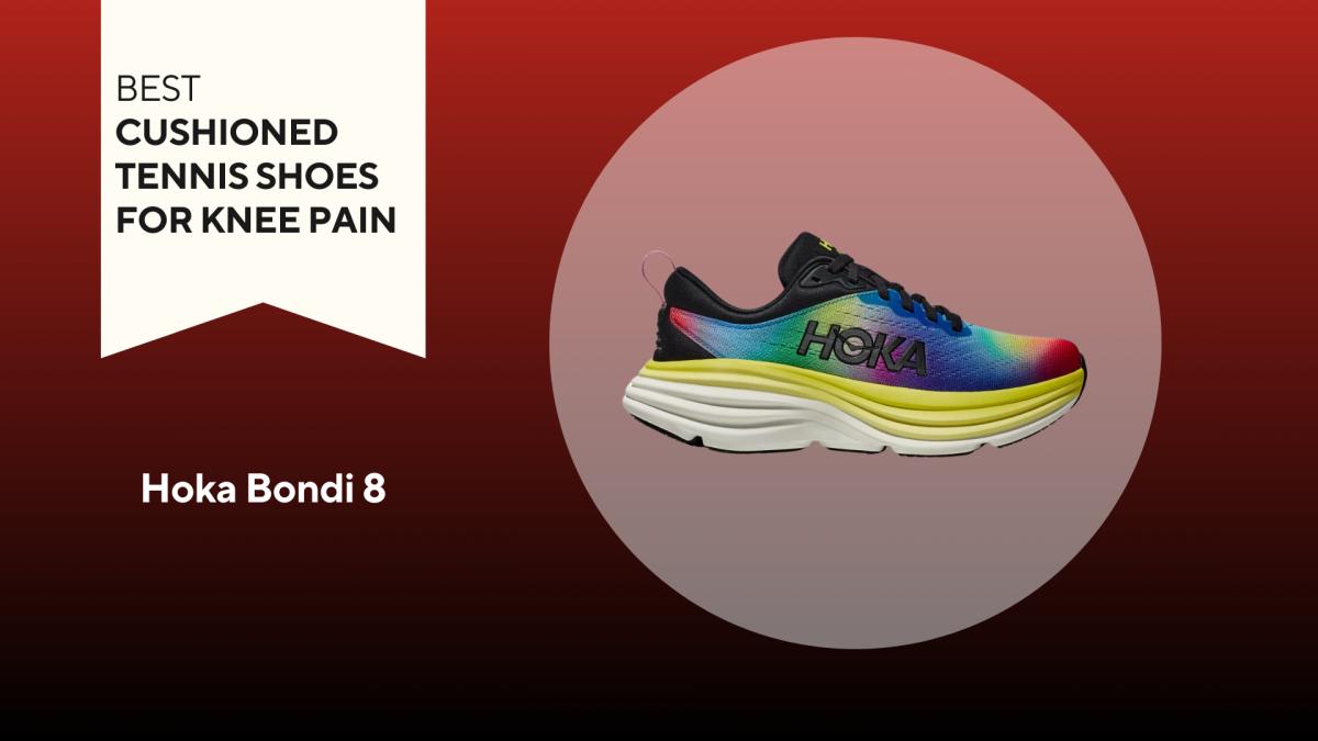 An image of a rainbow-colored Hoka Bondi 8 shoe against a red background.